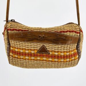80s Tan Jute Basket Weave Shoulder Bag Purse with Genuine Leather Detail